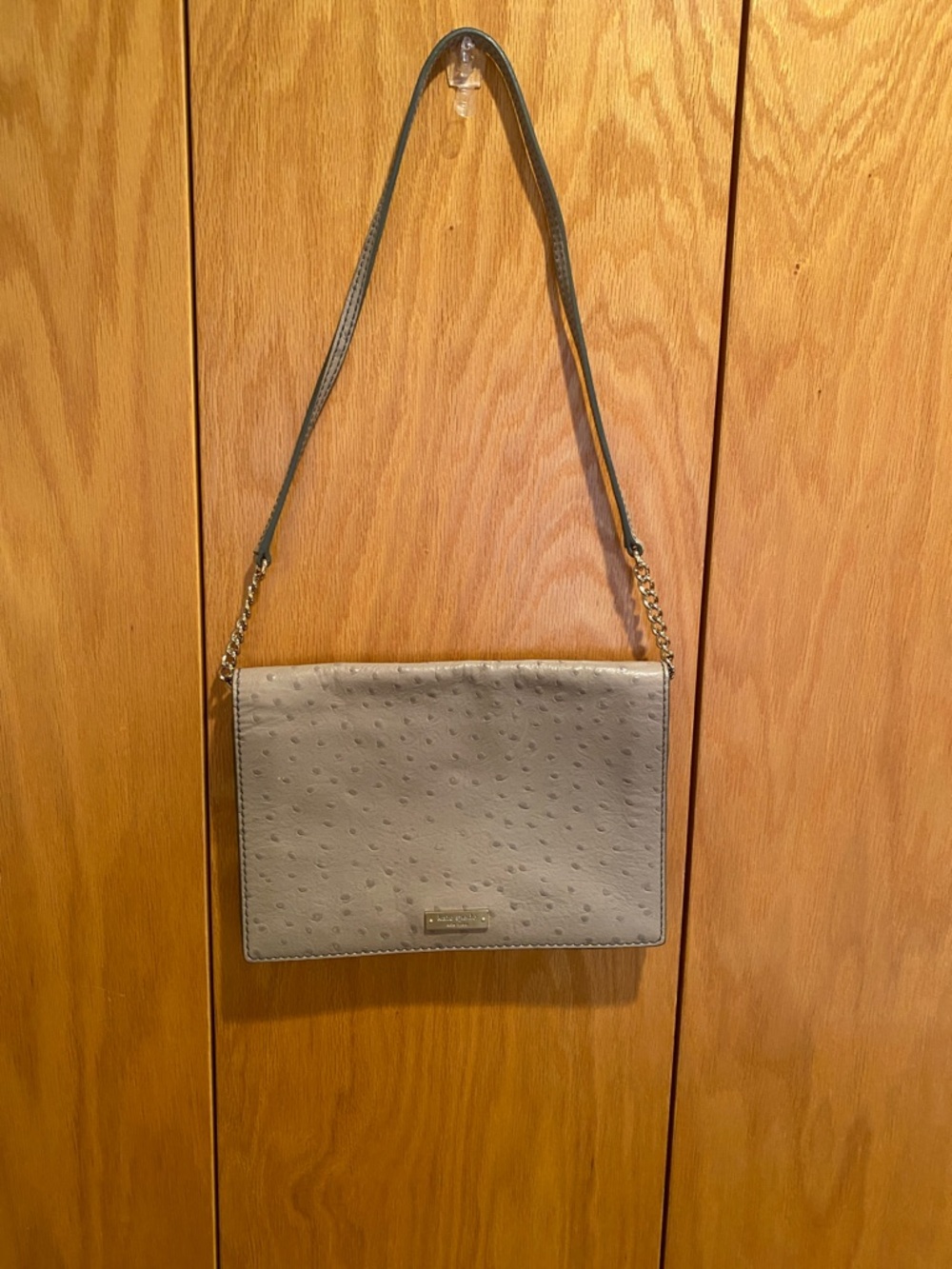 Ostrich leather envelope clutch/ strap w/ gold chain.